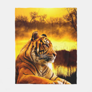 Tiger och solnedgång fleecefilt
