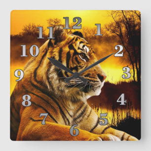 Tiger och solnedgång fyrkantig klocka