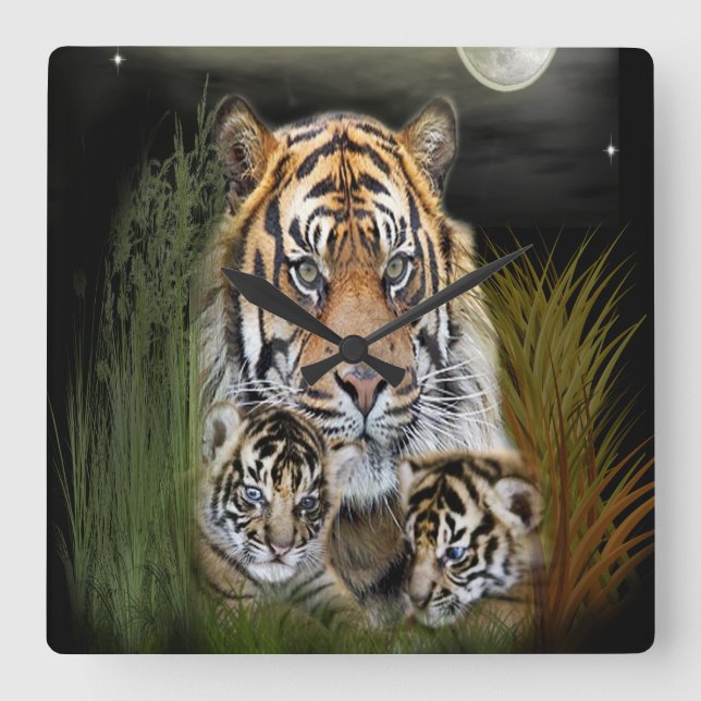 Tiger och ungar urtavla fyrkantig klocka (Framsida)