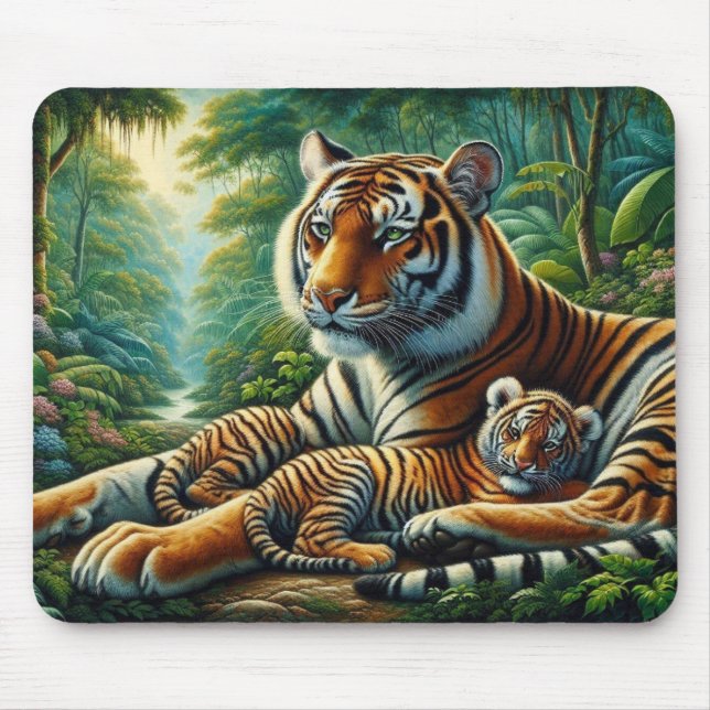 Tiger och Unge i en Lush Jungle-målning Musmatta (Framsidan)