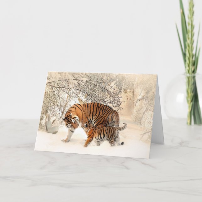 Tiger och Unge i Snö under vinterhälsningskort Tack Kort (Framsida)
