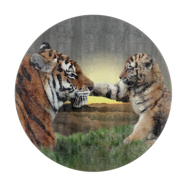 Tiger och unge rund glasklippningsbräda (Framsidan)