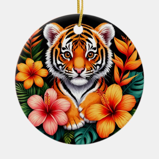 Tiger omgiven av tropiska blommor julgransprydnad keramik (Framsidan)