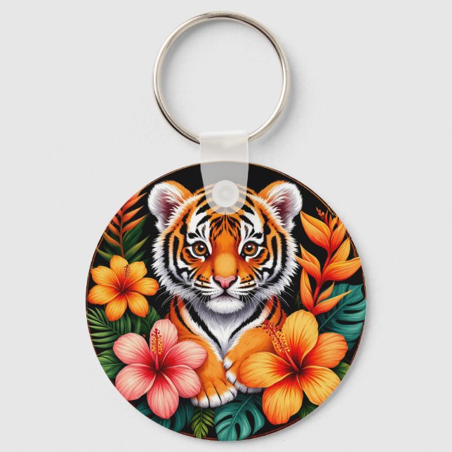 Tiger omgiven av tropiska blommor nyckelring (Framsida)