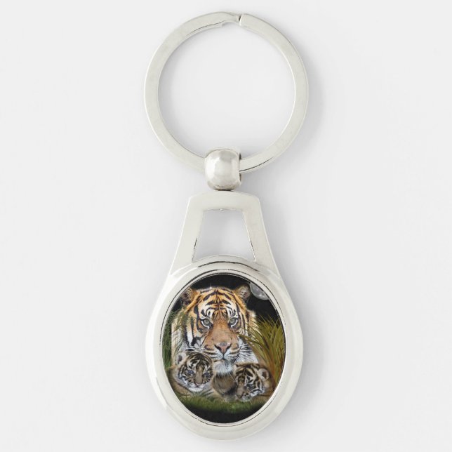 Tiger Ovalt Silverfärgad Nyckelring (Framsidan)