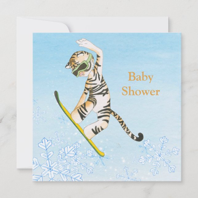 Tiger på kort för Snowboardbaby showerinbjudan (Framsida)