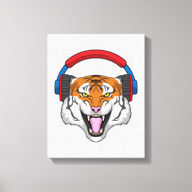 Tiger på Music med hörlurar Canvastryck (Framsida)