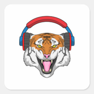 Tiger på Music med hörlurar Fyrkantigt Klistermärke