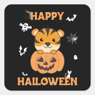 Tiger på Pumpkin Sweet Tiger Happy halloween Squar Fyrkantigt Klistermärke