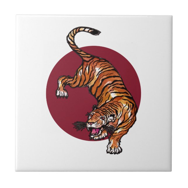 Tiger på röd cirkel kakelplatta (Framsidan)