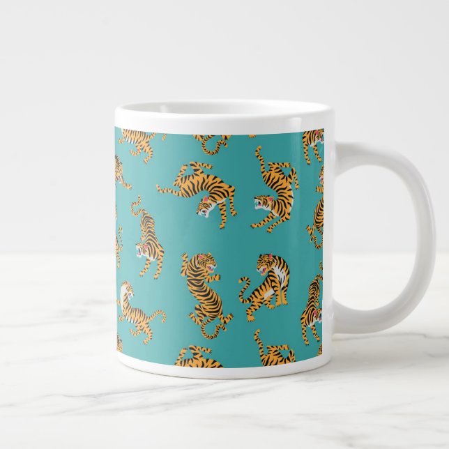 Tiger på Teal Mönster Jumbo Mugg (Höger)