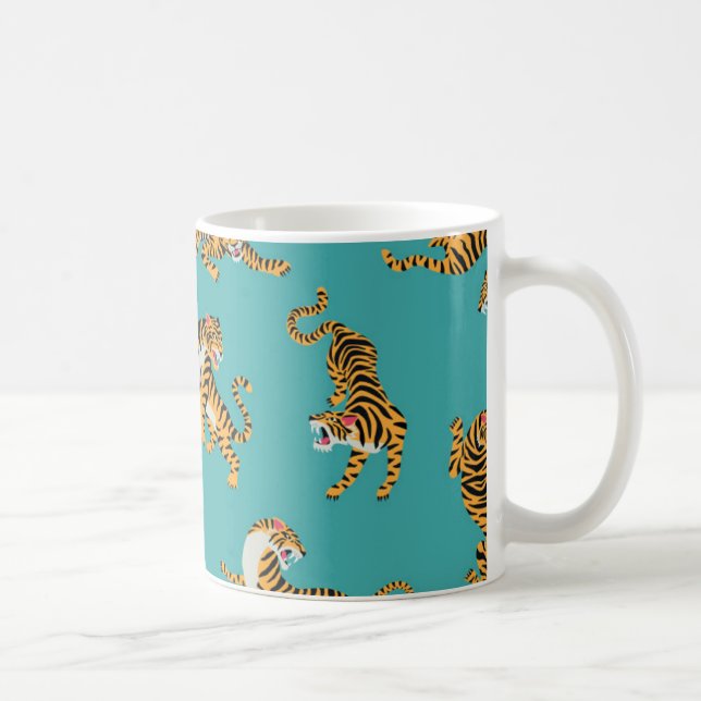 Tiger på Teal Mönster Kaffemugg (Höger)