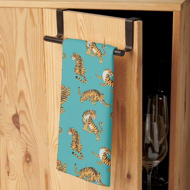 Tiger på Teal Mönster Kökshandduk (Thirds Fold)