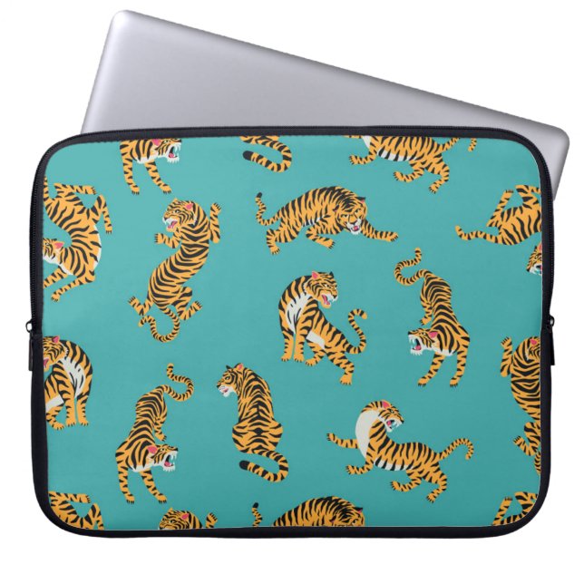Tiger på Teal Mönster Laptop Fodral (Framsidan)