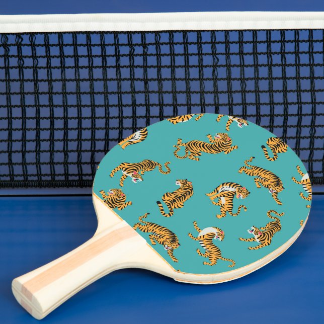 Tiger på Teal Mönster Pingisracket (Insitu)