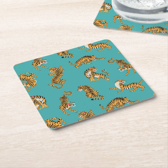 Tiger på Teal Mönster Underlägg Papper Kvadrat (Vinklad)
