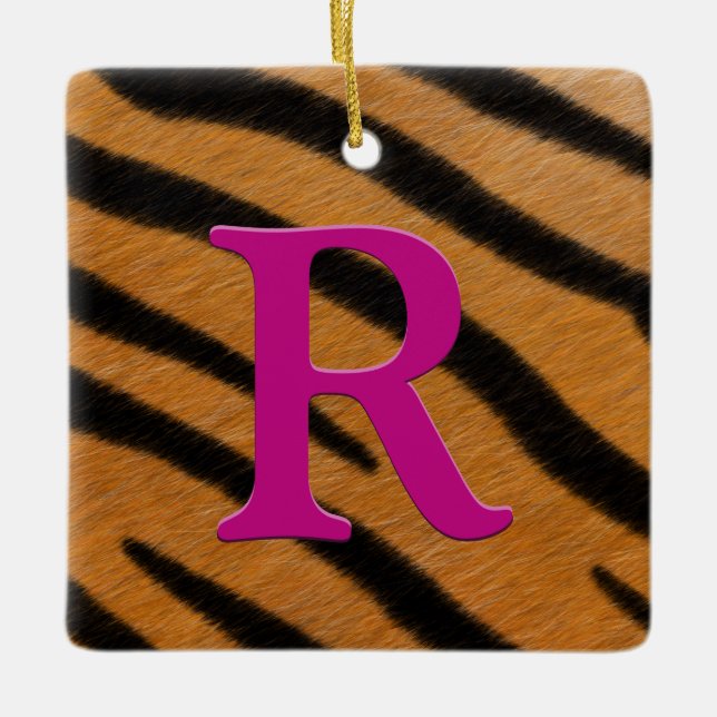 Tiger Päls Personlig Monogram & Message Magenta Julgransprydnad Keramik (Framsida)
