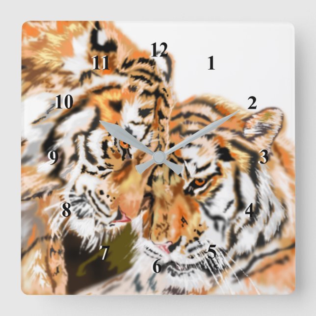 Tiger par Hug Clock - Familj Fyrkantig Klocka (Framsida)