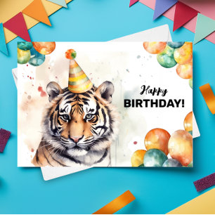Tiger Party Hat Watercolor Porträtt Grattis på föd Kort