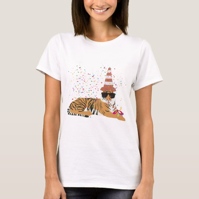 Tiger Partying - Djur med Party T Shirt (Framsida)