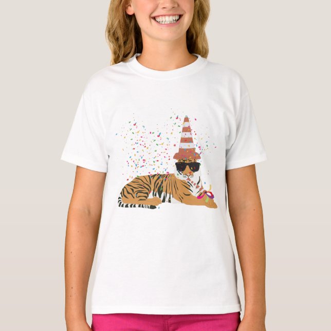 Tiger Partying - Djur med Party T Shirt (Framsida)
