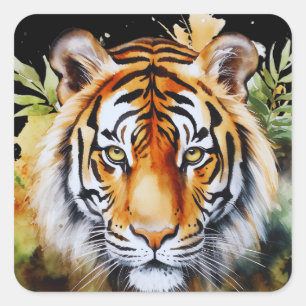 Tiger Pastel Flowers Safari Watercolor Savannah Fyrkantigt Klistermärke