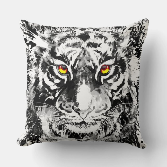 Tiger Pillow | Tiger Teckning | Svartvit Kudde (Framsida)