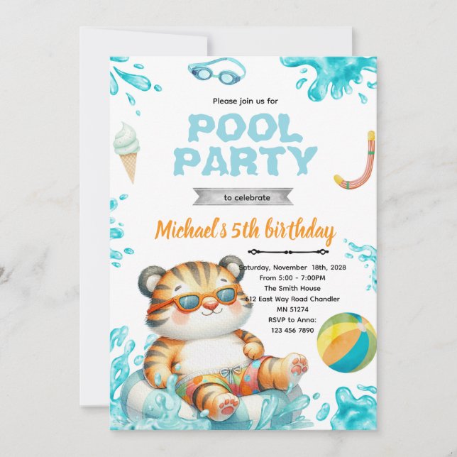 Tiger Pool Party Birthday Invitation Inbjudningar (Framsida)