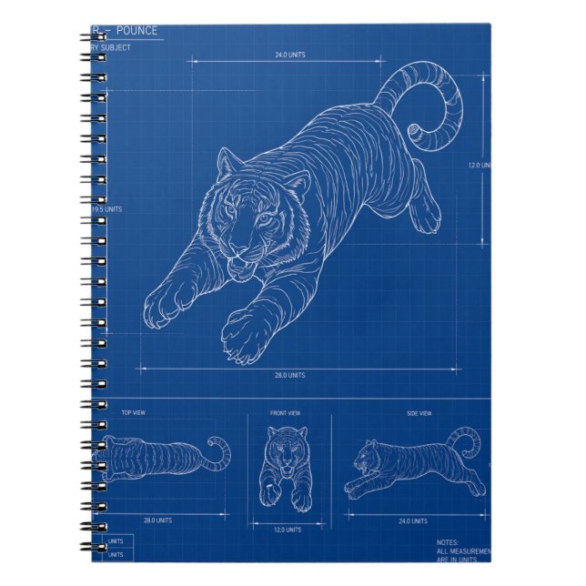 Tiger Pounce Blueprint – Technical Line Art Poster Anteckningsbok (Framsidan)