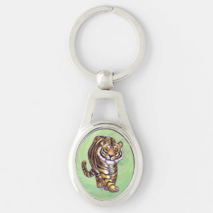 Tiger-presentationer och tillbehör ovalt silverfärgad nyckelring