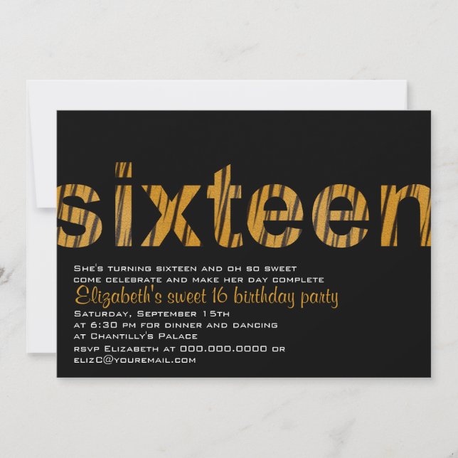 Tiger Print Typography Design Sweet 16-inbjudan Inbjudningar (Framsida)
