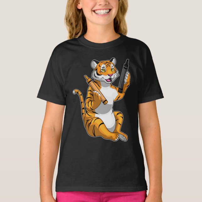 Tiger Pupil Crayon School T Shirt (Framsida)