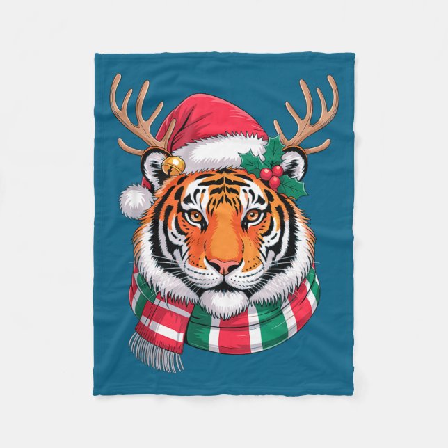 Tiger Reindeer Christmas Santa Hat Tiger Xmas  Fleecefilt (Framsidan)