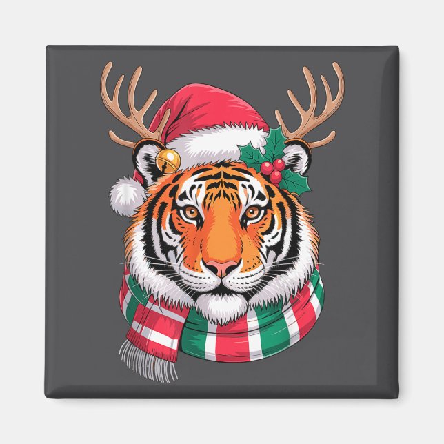 Tiger Reindeer Christmas Santa Hat Tiger Xmas  Magnet (Framsidan)