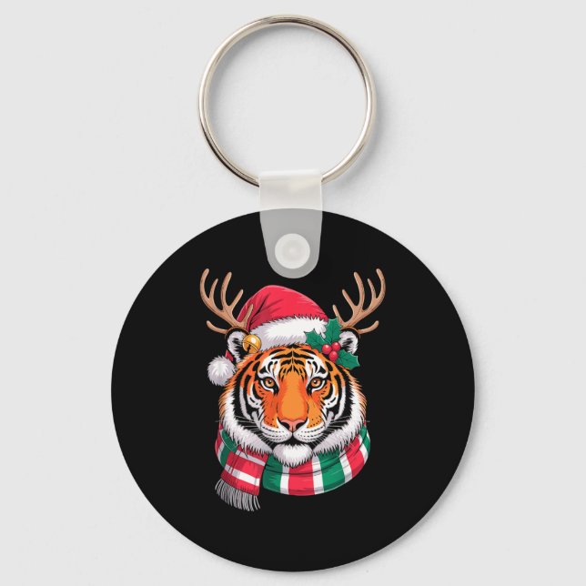 Tiger Reindeer Christmas Santa Hat Tiger Xmas  Nyckelring (Framsida)