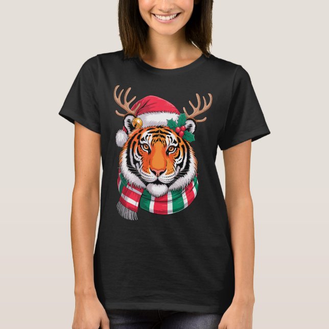 Tiger Reindeer Christmas Santa Hat Tiger Xmas  T Shirt (Framsida)