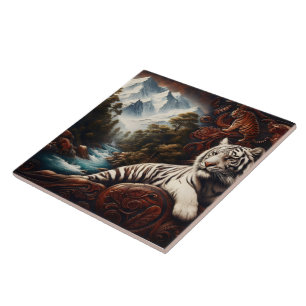 Tiger Relaxing by Mountain River Kakelplatta