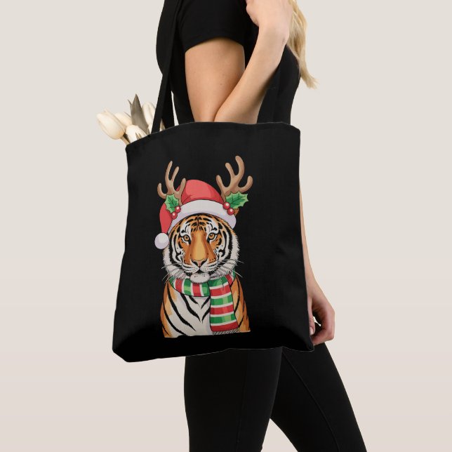 Tiger Ren Santa Hatt Jul Xmas Högtid Tygkasse (Närbild)