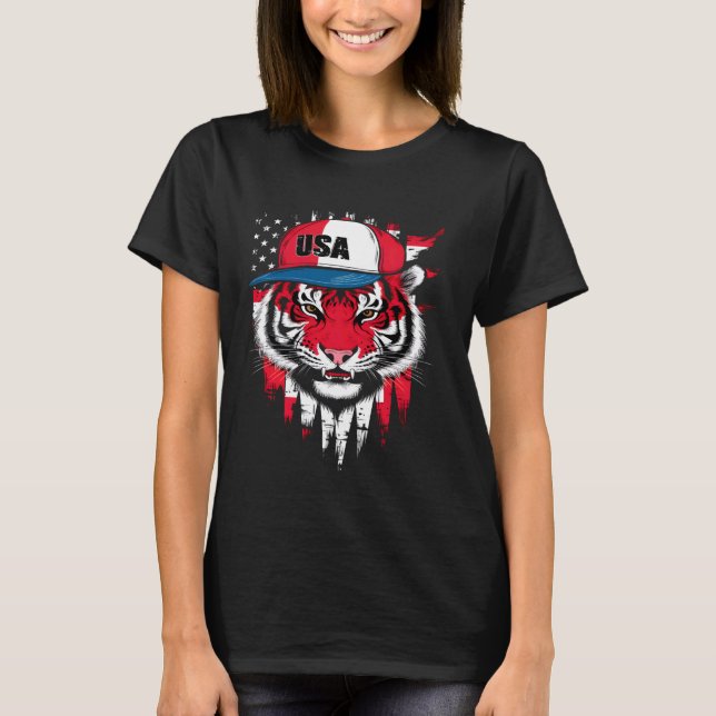 Tiger Retro Cap USA flagga T Shirt (Framsida)
