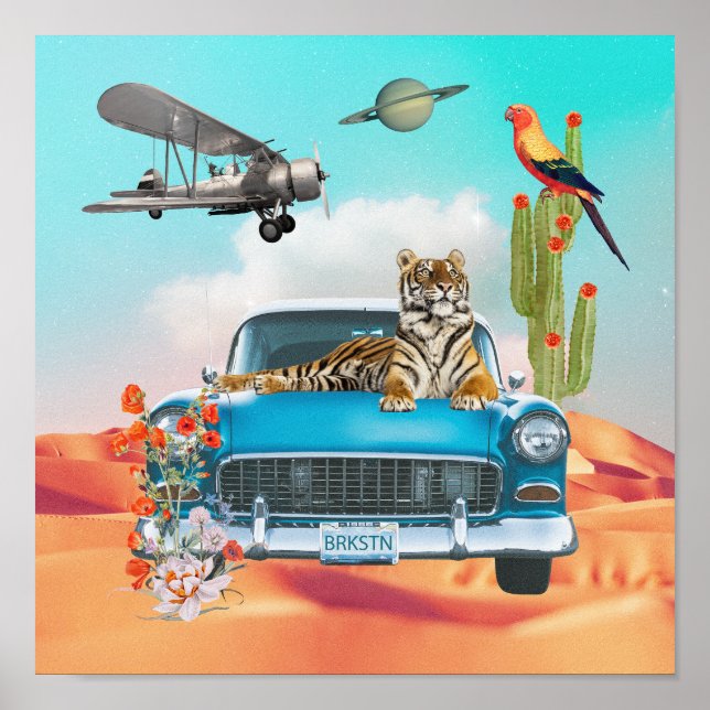 Tiger Retro Car Desert Cactus Surreal Collage Canv Poster (Framsidan)