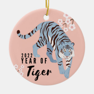 Tiger Rosa och Blue Modern Gott nytt år 2022 Julgransprydnad Keramik