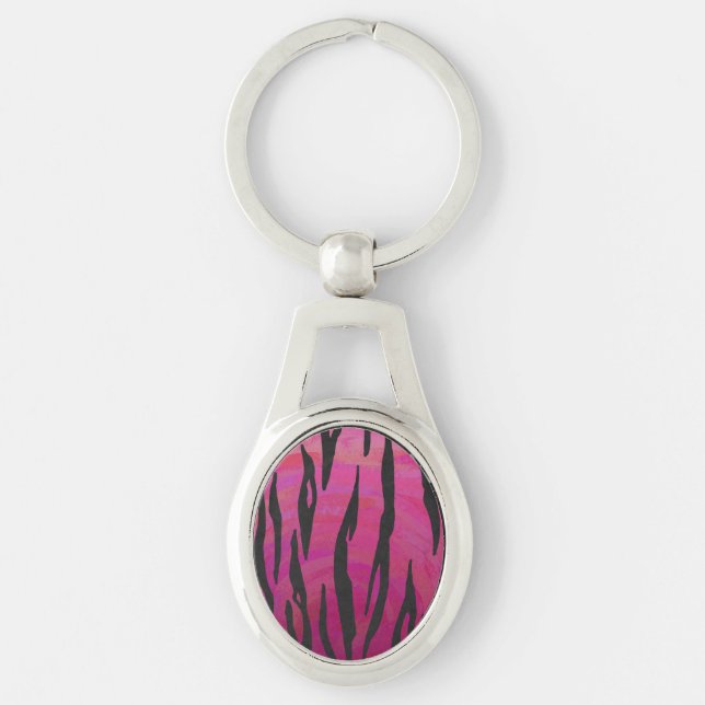 Tiger Shock rosa och svart utskrift Ovalt Silverfärgad Nyckelring (Framsidan)