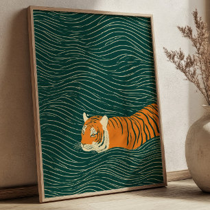 Tiger Simmar Genom Gröna Vågor Zen Väggkonst