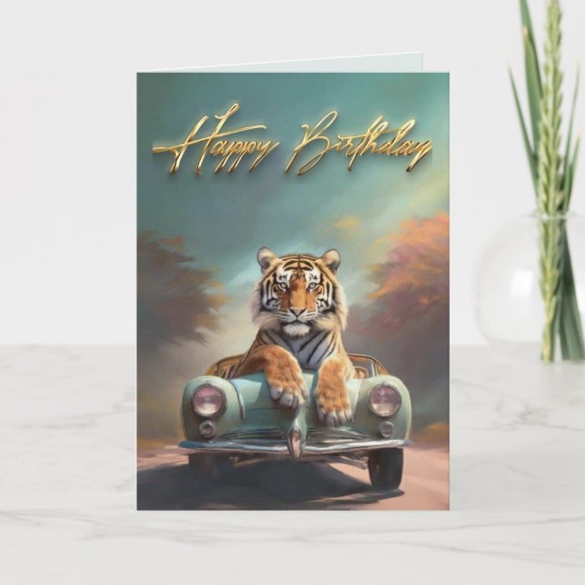 Tiger sitta på sportbilen Grattis på födelsedagen Kort (Framsida)