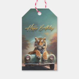 Tiger sitta på sportbilen Grattis på födelsedagen Presentetikett