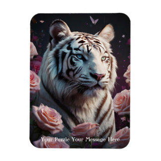 Tiger sittande i en rosa rosenträdgård magnet