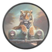 Tiger sittande på en sportbil