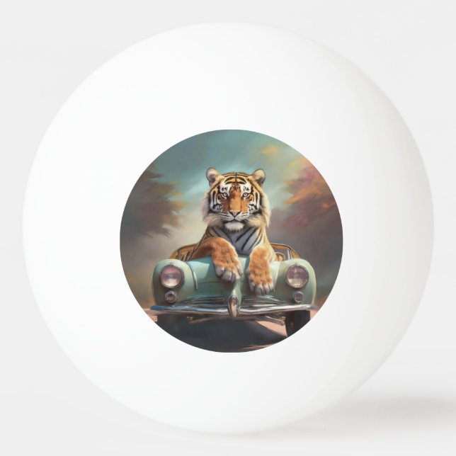 Tiger sittande på en sportbil  pingisboll (Framsidan)