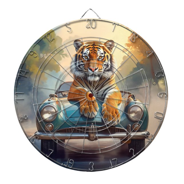 Tiger sitting on a sports car  darttavla (Framsidan)