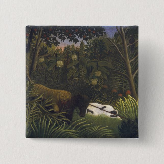 Tiger som anfaller en häst och en sova svart man ( knapp (Framsida)